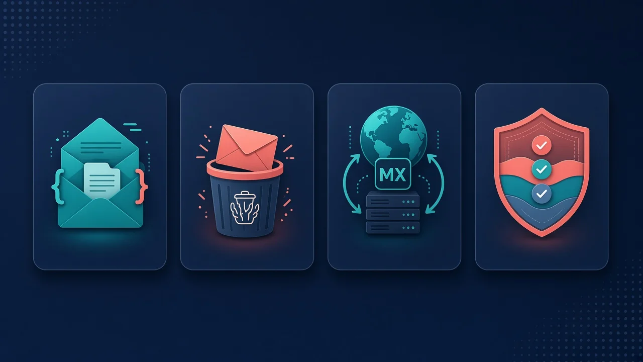 Illustration of four free email tools: verifier, disposable check, MX lookup, and authentication scorer