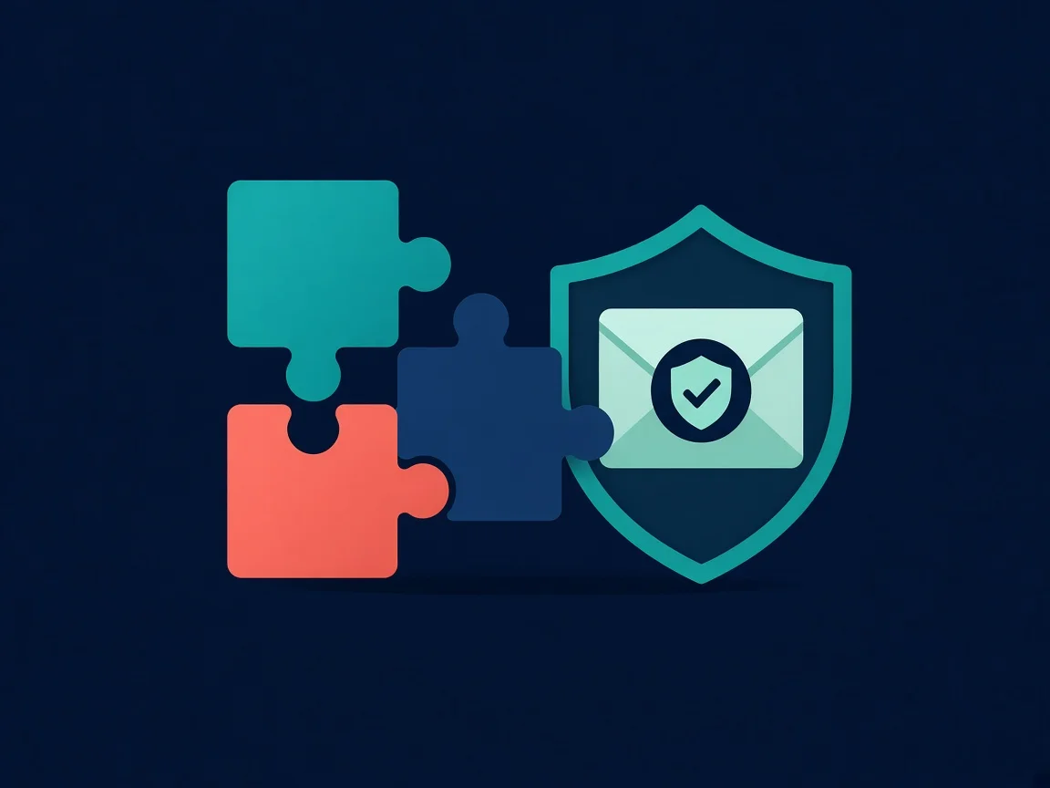 Illustration of authentication layers forming a shield in front of an envelope