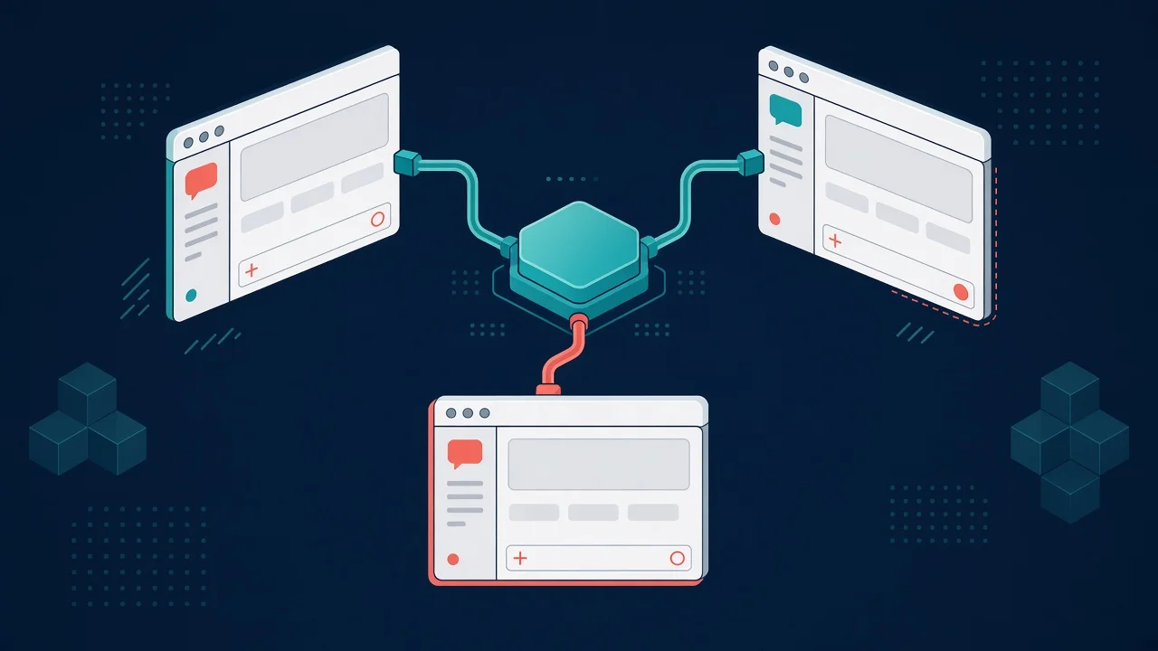Illustration of three AI assistant clients plugging into one MCP hub