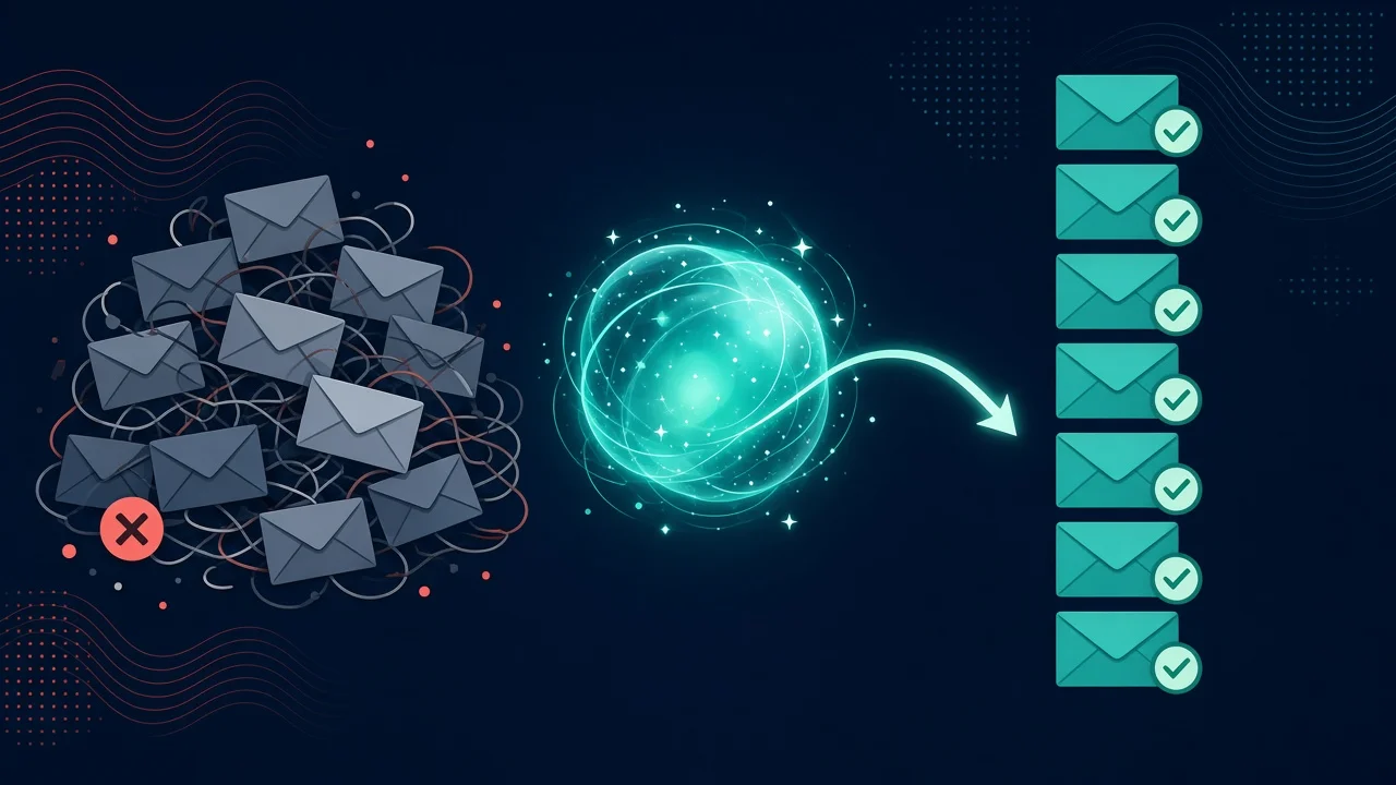 Illustration of a messy email list becoming a verified, organized list with help from an AI agent