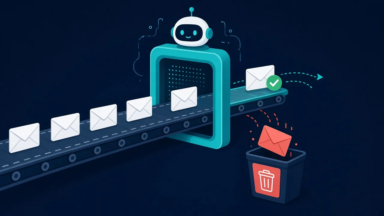 Illustration of envelopes passing through an email verification gate, invalid ones rejected